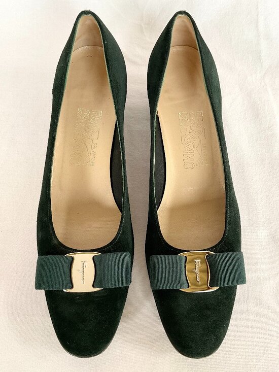 Salvatore Ferragamo Shoes - Salvatore Ferragamo Dark Green Suede Pump with Bow – US 9 AAAA Super Narrow